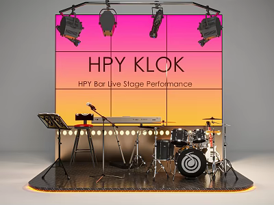 HPY KLOK Bar Live Stage with Drum Set Microphone Stage Lights and Gradient Screen 3d model