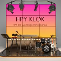 HPY KLOK Bar Live Stage with Drum Set Microphone Stage Lights and Gradient Screen
