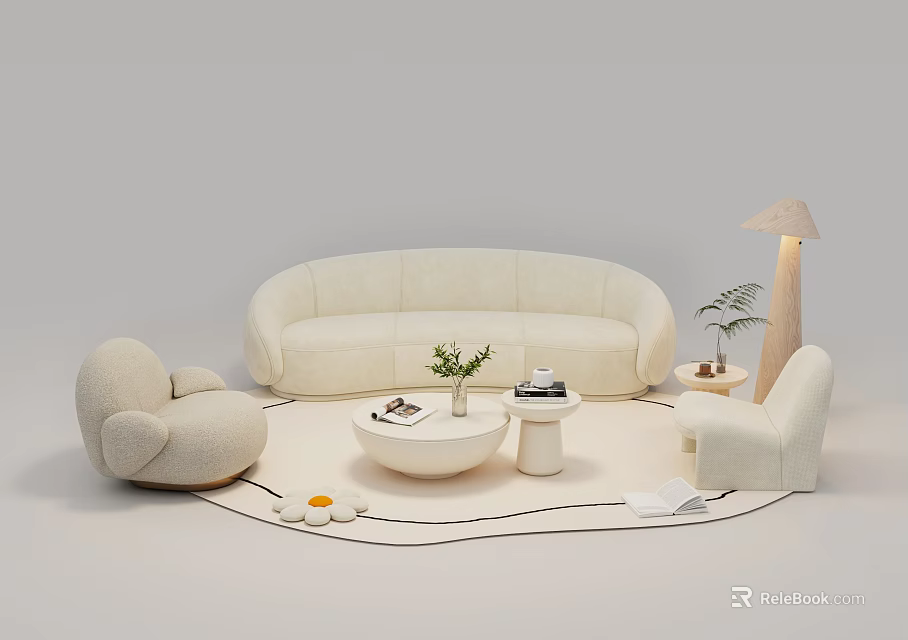 Modern Beige Curved Sofa and Coffee Table Set with Armchairs Floor Lamp and Potted Plant 3d model 