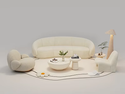 Modern Beige Curved Sofa and Coffee Table Set with Armchairs Floor Lamp and Potted Plant 3d model