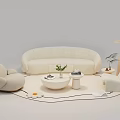 Modern Beige Curved Sofa and Coffee Table Set with Armchairs Floor Lamp and Potted Plant