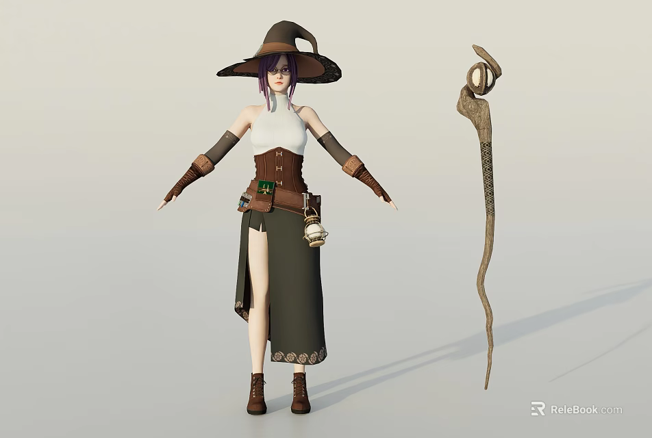 Woman Wearing Wide Brim Hat Purple Hair White Top Green Skirt Brown Boots With Wand 3d model 