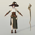 Woman Wearing Wide Brim Hat Purple Hair White Top Green Skirt Brown Boots With Wand