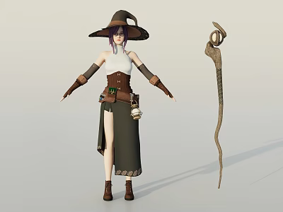 Woman Wearing Wide Brim Hat Purple Hair White Top Green Skirt Brown Boots With Wand 3d model