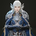 Woman in Blue and White Ornate Armor with Silver Hair and Long Sword