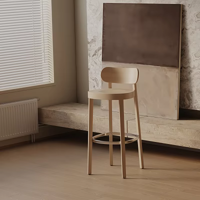 Modern Light Wood Bar Stool In Room With Marble Wall And Window Blinds 3d model
