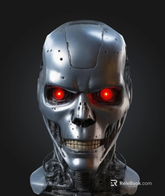 Futuristic Metallic Robotic Skull With Red Glowing Eyes And Mechanical Details 3d model 
