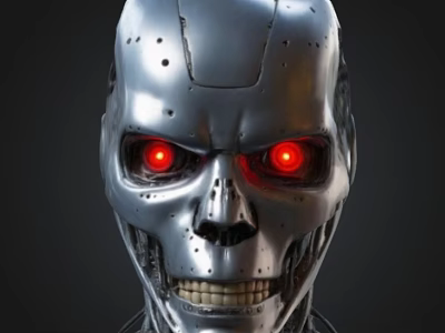 Futuristic Metallic Robotic Skull With Red Glowing Eyes And Mechanical Details 3d model