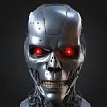 Futuristic Metallic Robotic Skull With Red Glowing Eyes And Mechanical Details