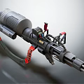 Futuristic Tactical Weapon With Multiple Barrels Red Accents And Mechanical Design