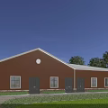 Industrial Warehouse Exterior with Red Walls White Roof Windows Doors and Green Surroundings