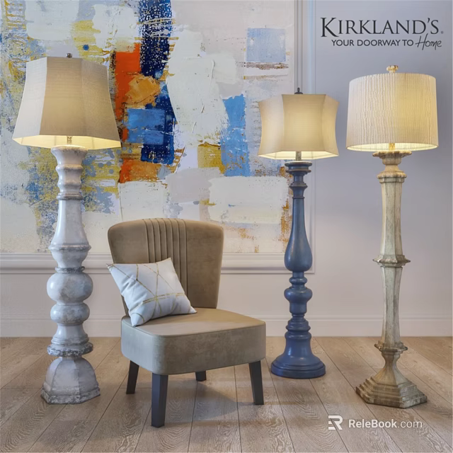 Different Colored Floor Lamps With Vintage Design Accent Chair And Abstract Painting 3d model 
