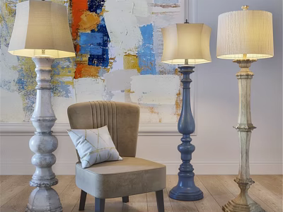 Different Colored Floor Lamps With Vintage Design Accent Chair And Abstract Painting 3d model