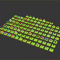 Colorful Icons Arranged On Green Square Grid With Various Small Symbols