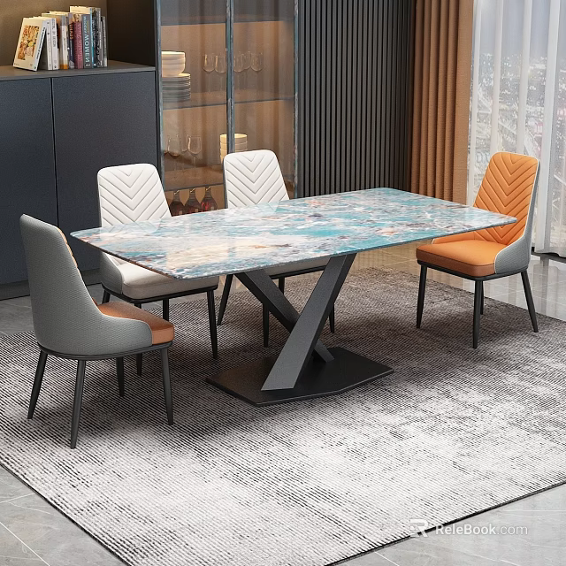 Modern Dining Table Set With Marble Patterned Top Gray Orange Chairs And Geometric Black Base 3d model 