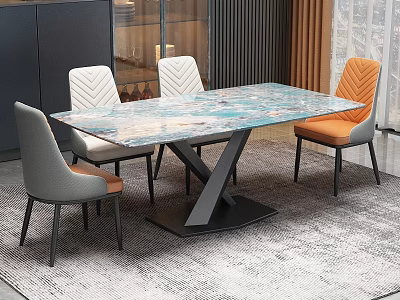 Modern Dining Table Set With Marble Patterned Top Gray Orange Chairs And Geometric Black Base 3d model