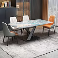 Modern Dining Table Set With Marble Patterned Top Gray Orange Chairs And Geometric Black Base 3d model