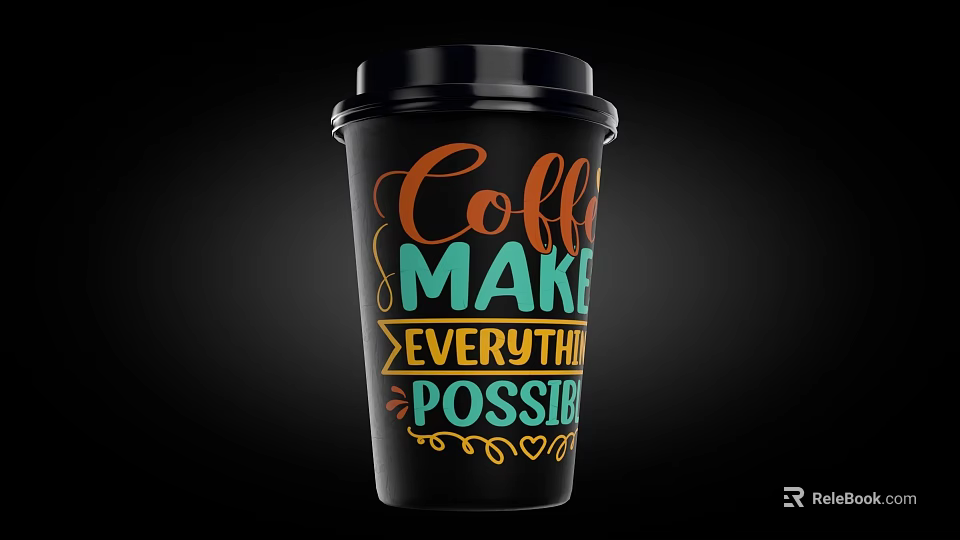 Stylish Black Coffee Cup With Vibrant Colorful Text And Artistic Decorative Patterns 3d model 