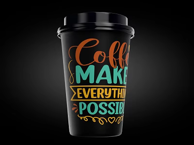 Stylish Black Coffee Cup With Vibrant Colorful Text And Artistic Decorative Patterns 3d model