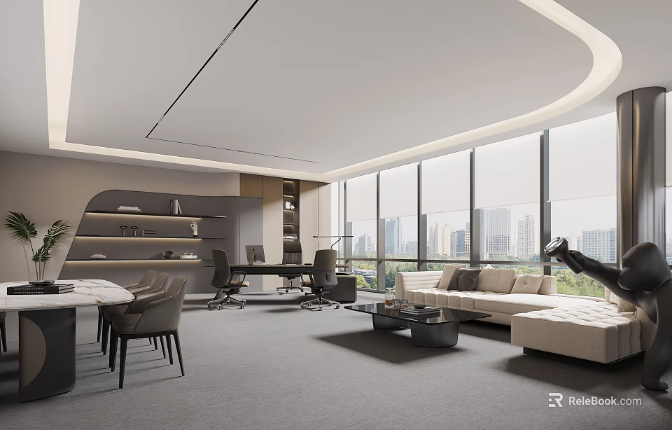 Modern Office Interior With Large Windows City View Sofa Desk And Chairs 3d model
