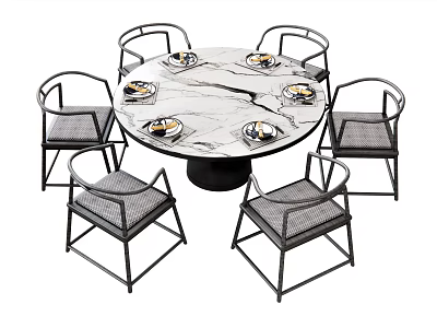Round Marble Top Dining Table Set With Six Metal Frame Gray Cushion Chairs 3d model