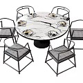 Round Marble Top Dining Table Set With Six Metal Frame Gray Cushion Chairs 3d model