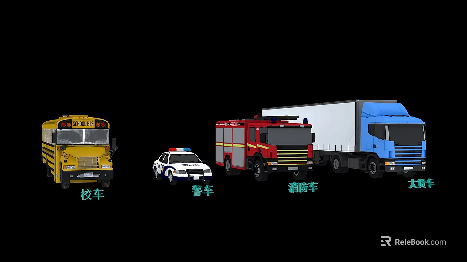 Different Emergency and Commercial Vehicles Including School Bus Police Car Fire Truck and Box Truck 3d model 