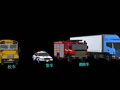 Different Emergency and Commercial Vehicles Including School Bus Police Car Fire Truck and Box Truck 3d model