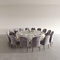 Elegant Dining Table Set with Round Table White Tablecloth Purple Chairs and Flower Centerpiece Tableware 3d model