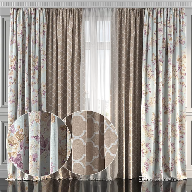 Floral Pattern Curtains With Light Blue And Beige Linen Fabric And Sheer Window Treatment 3d model 