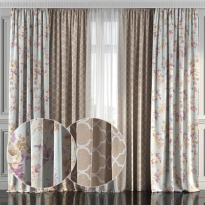 Floral Pattern Curtains With Light Blue And Beige Linen Fabric And Sheer Window Treatment 3d model