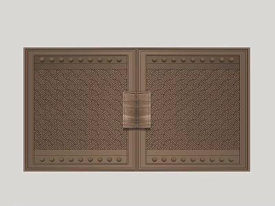 Brown Double Door With Decorative Geometric Pattern And Rivet Details With Central Metal Latch 3d model