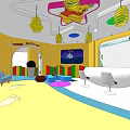 Vibrant Kindergarten Interior With Yellow Walls Colorful Decorations Big Tree Butterfly Sofas TV Footprint Carpet