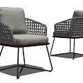 Modern Leisure Chair With Woven Armrest Gray Cushion Red Wooden Base And Metal Legs