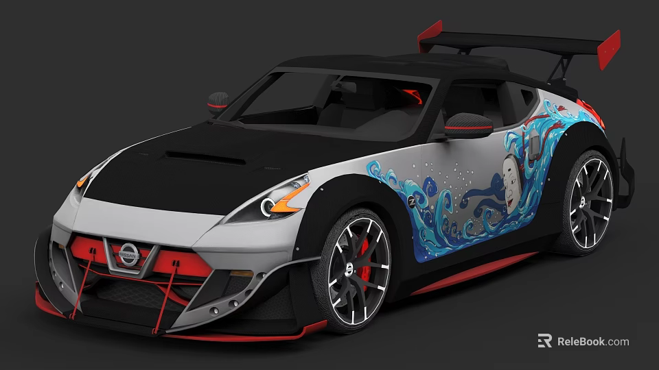 Nissan Sports Car with Custom Blue Wave Graphics Black Roof and Red Accents 3d model 