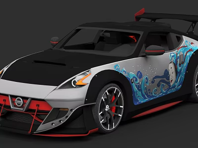 Nissan Sports Car with Custom Blue Wave Graphics Black Roof and Red Accents 3d model