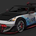 Nissan Sports Car with Custom Blue Wave Graphics Black Roof and Red Accents