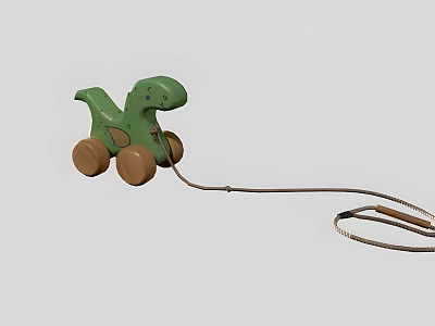Green Wooden Dinosaur Toy with Rolling Wheels and Pull String for Kids 3d model