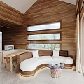 Modern Hotel Guest Room with Wooden Ceiling Large Windows Mountain View and Checkerboard Floor