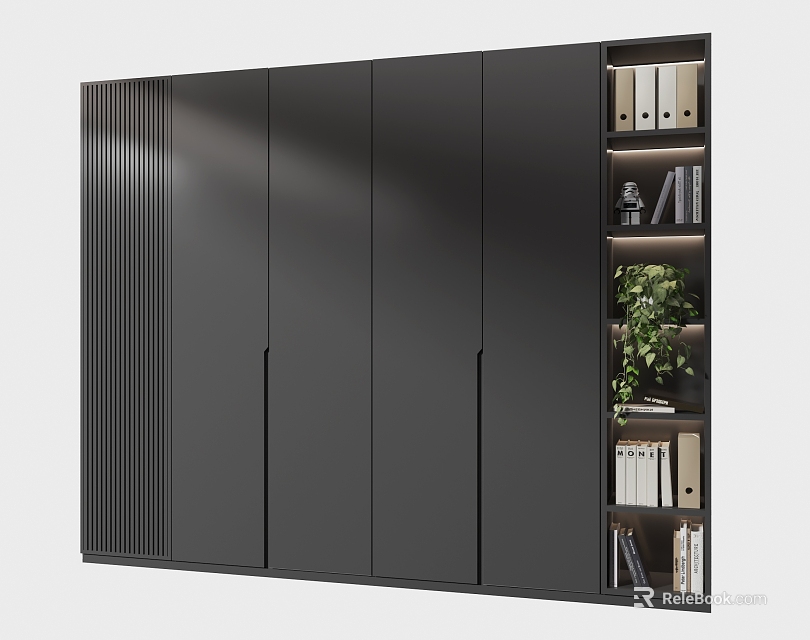 Modern Black Decorative Cabinet With Multiple Doors Tiered Shelves Books Folders And Green Plant 3d model 
