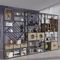 Modern Antique Display Shelf With Circular Ornament Wooden Metal Frame And Decorative Vases Books Plants