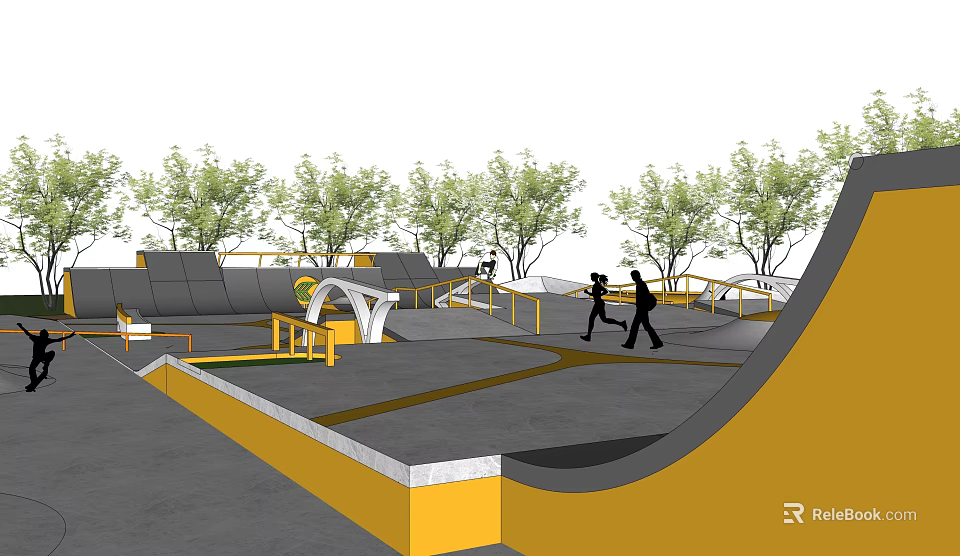 Modern Skate Park Landscape With Green Trees Skate Ramps Paths And People Walking 3d model 