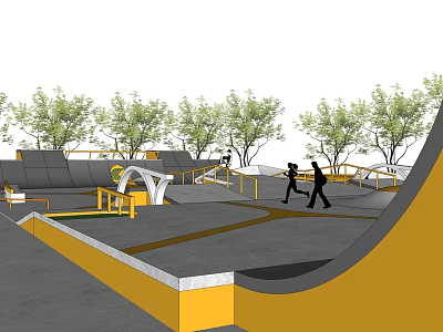 Modern Skate Park Landscape With Green Trees Skate Ramps Paths And People Walking 3d model