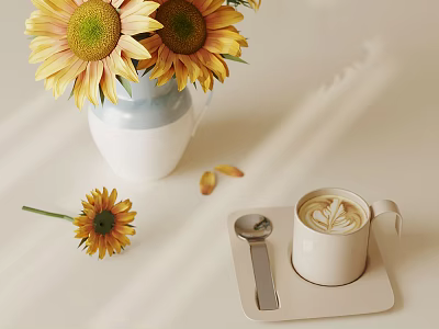Sunlit Scene With Fresh Sunflowers In Vase And Latte Art Coffee Cup On Coaster 3d model