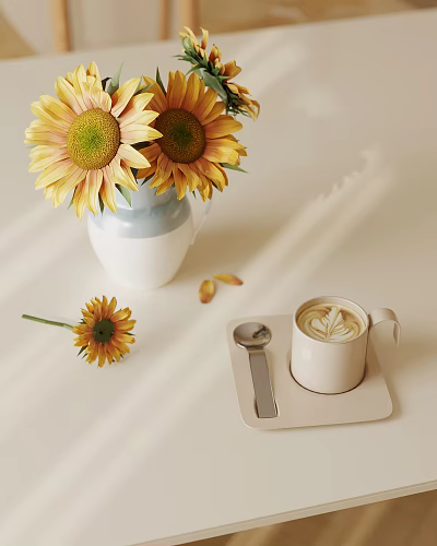 Sunlit Scene With Fresh Sunflowers In Vase And Latte Art Coffee Cup On Coaster 3d model