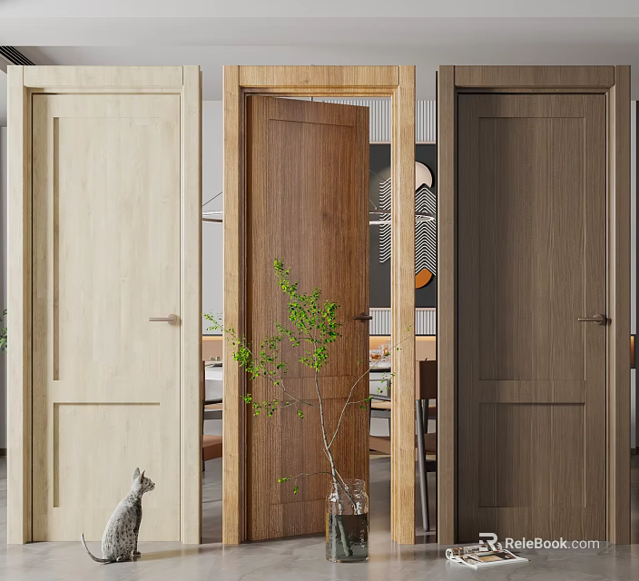 Modern Interior Design With Three Wooden Hinged Doors In Different Tones 3d model