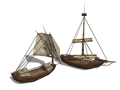 Two Wooden Sailboats With Sails Masts And Different Sizes On White Background 3d model