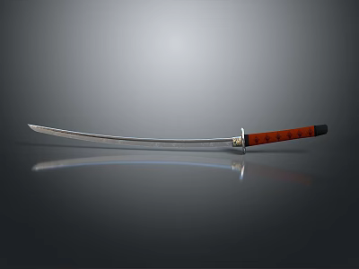 Traditional Samurai Sword Weapon With Curved Sharp Blade Red Wooden Handle And Shiny Surface Reflection 3d model