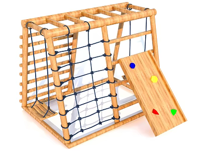 Outdoor Wooden Playground Equipment with Safe Climbing Net Slide and Colorful Dots for Kids 3d model