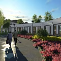 Modern Residential Community With Green Gardens Willow Trees And People Strolling